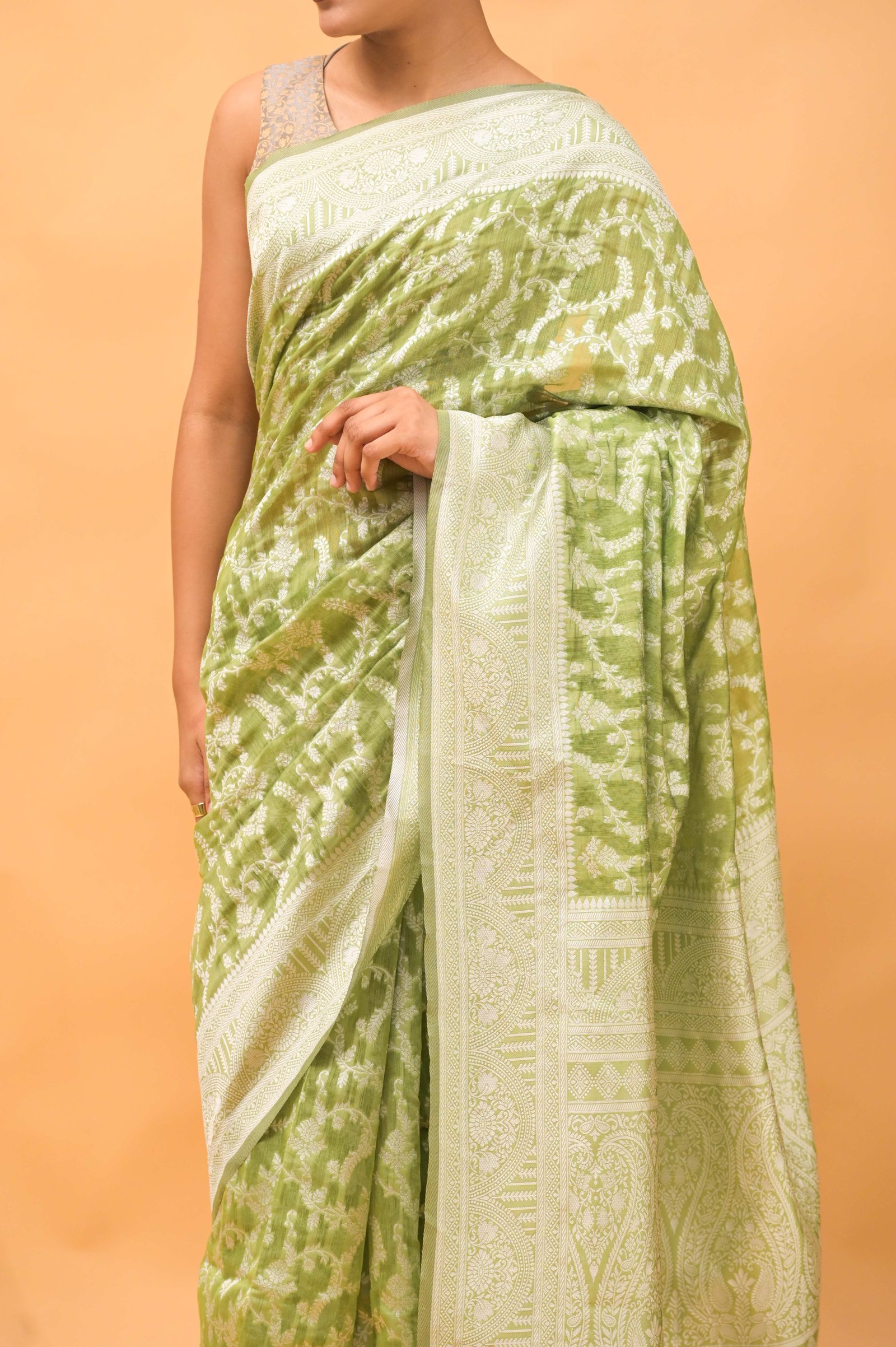 Leaf Jaal Olive Green Pure Cotton Saree With Strip Blouse
